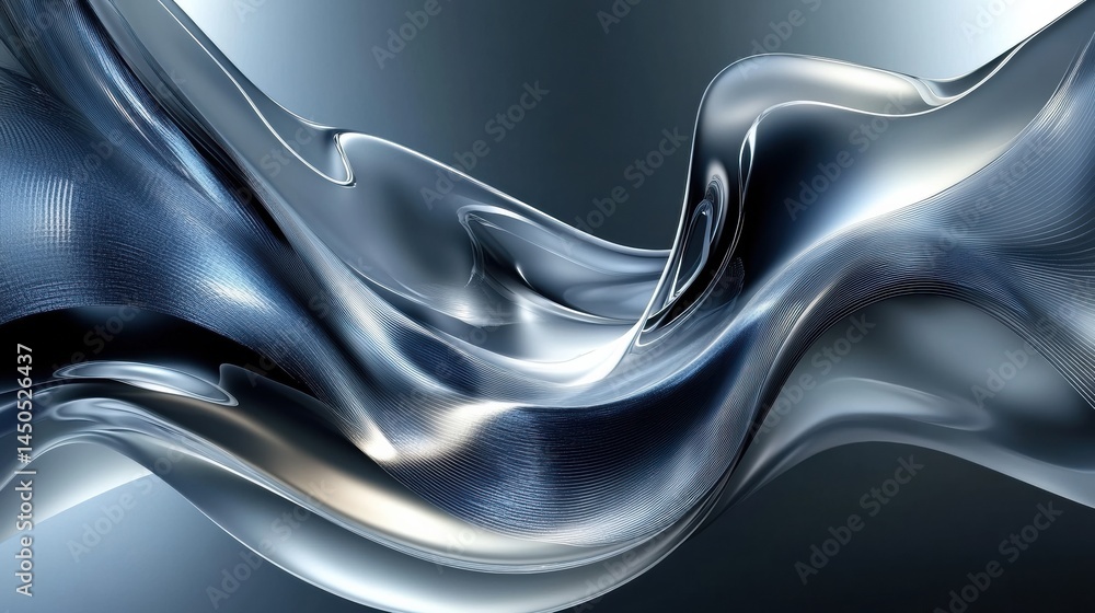 Poster abstract waves embodying ai data flow in silver and dark blue tones with fluid golden ratio movement