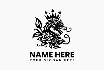 Stylized dragon wearing a crown surrounded by flowers in vector logo design, majestic mythical creature illustration isolated on white background for fantasy and branding use