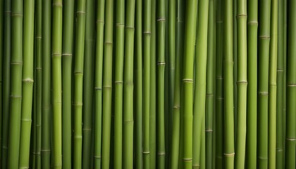 Up-close shot of a dense collection of vibrant green bamboo stalks, creating a lush scene.