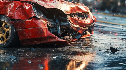 Vehicle Severely Damaged on Road After Accident with Surrounding Debris Highlighting Safety Risks and Traffic Hazards