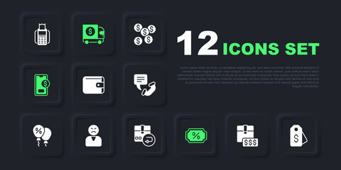 Set Item price tag with dollar, Price, Wallet, Discount percent, Mobile, Angry customer, Armored truck and Return cardboard box icon. Vector