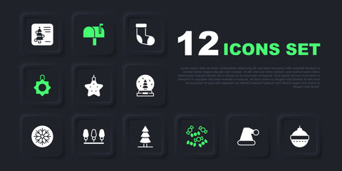 Set Christmas Santa Claus hat, ball, star, Candy, toy, lights, Mail box and tree icon. Vector