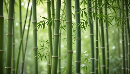 Fototapeta premium Vibrant green bamboo stalks with lush foliage create a calming, natural forest setting.