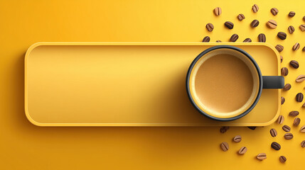 Top view of coffee cup on yellow tray with coffee beans and copy space