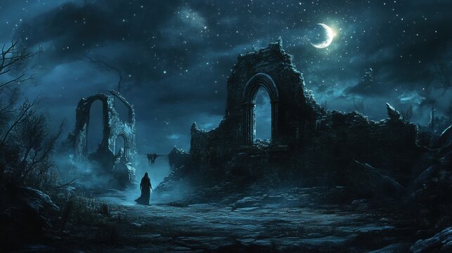 Nighttime scene of ancient ruins and a solitary figure.