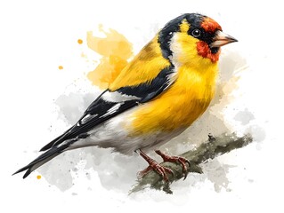 Obraz premium A vibrant digital painting of a goldfinch perched on a branch against a watercolor splash background.