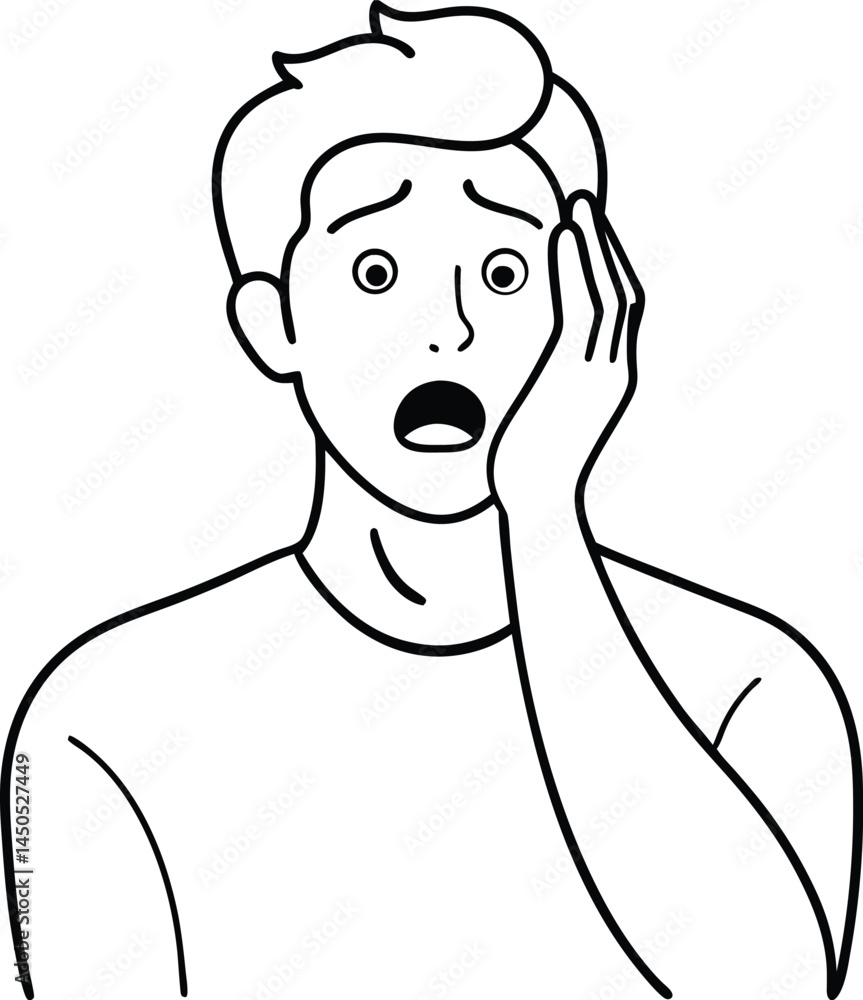Poster shocked man depicted in elegant continuous line art drawing style showcasing intense emotion through