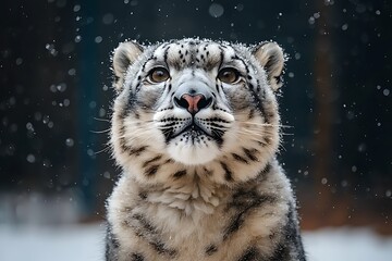 Snow leopard in winter snowfall