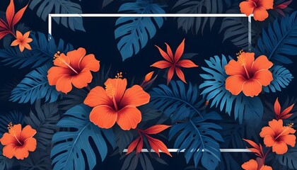 Obraz premium A stunning digital artwork showcases tropical flowers and lush leaves on a dark backdrop.