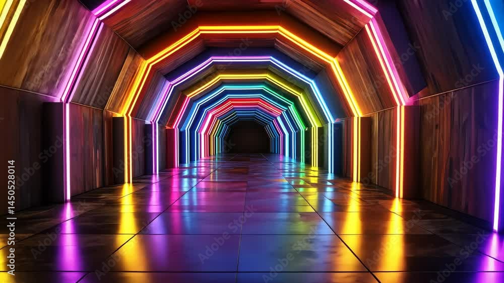 Poster vibrant neon tunnel with dynamic multicolor light reflections creating futuristic symmetry