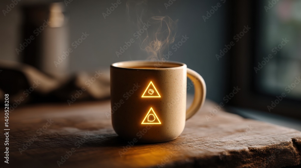 Poster coffee cup with glowing triangle symbolizing balance and productivity with three icons illustrating 