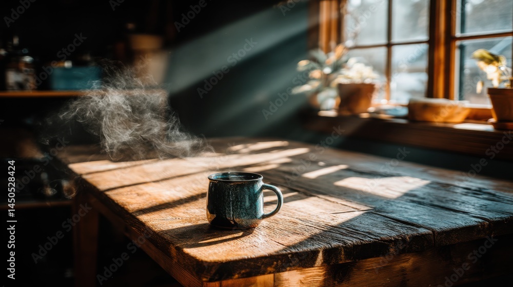 Poster cup resting on a table symbolizing rest and rejuvenation beside a glowing workspace in a calm and pr
