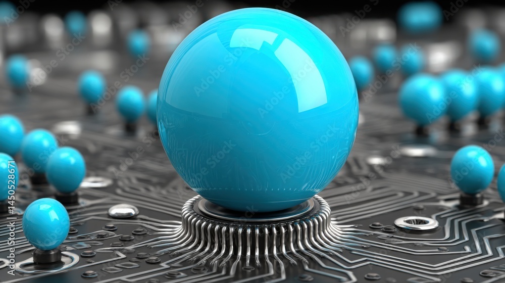 Poster blue egg resting on a circuit board creating a minimalist system board concept with a floating badge