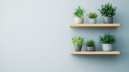 Green Plants in Gray Pots on Wooden Shelves Against a Wall