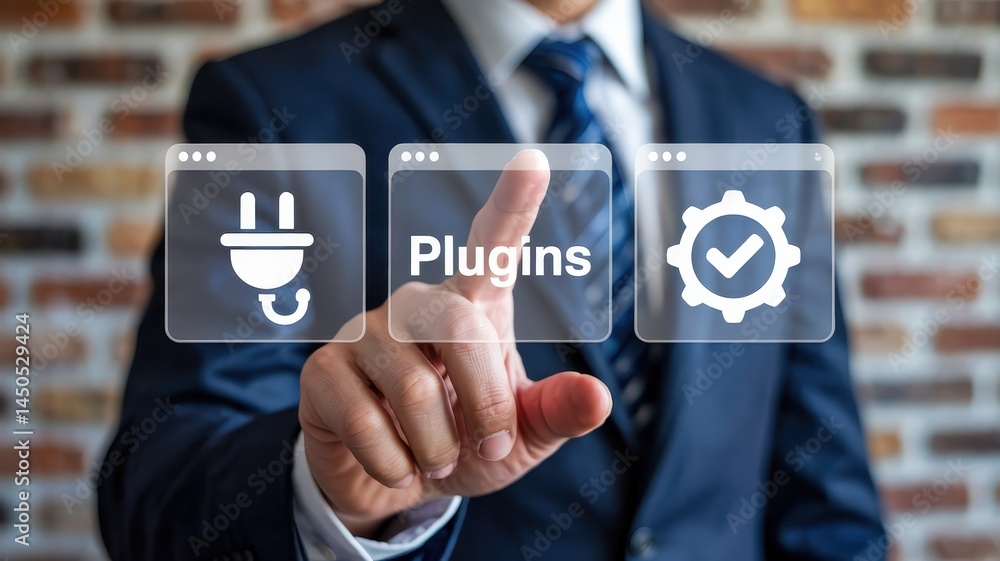 Poster businessperson interacting with digital interface displaying plugins.