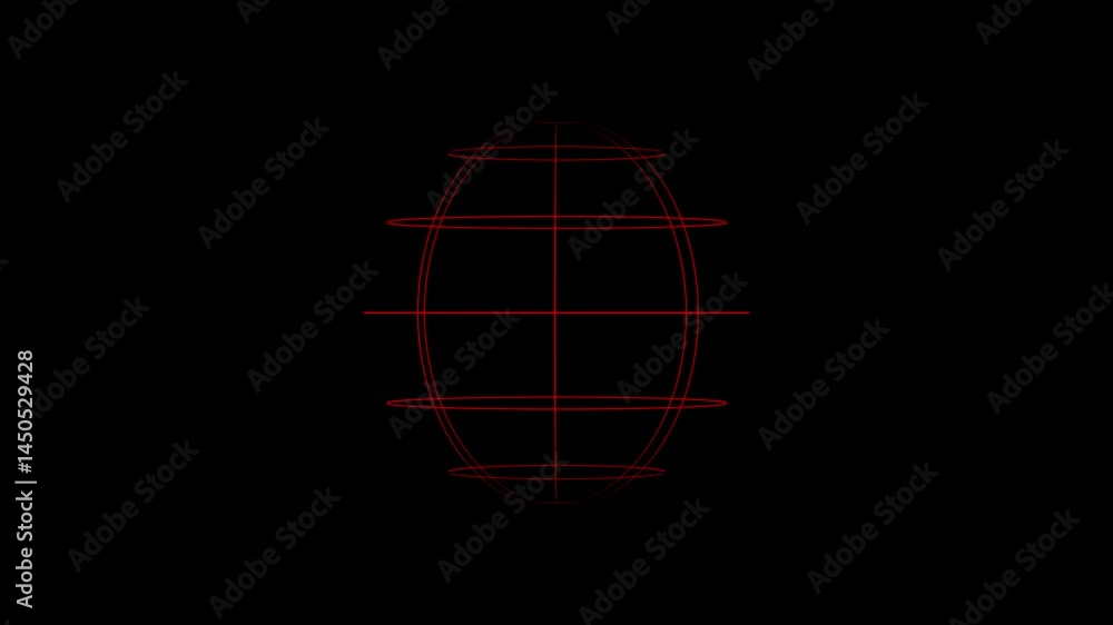 Poster animated red outline of a spherical wireframe globe on a black background