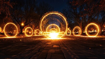 Night park glowing orange light trails abstract circles background