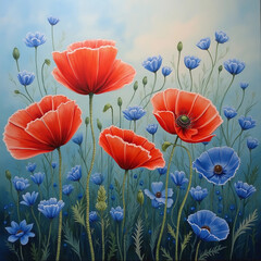 Fototapeta premium Field poppies. Painting on canvas.