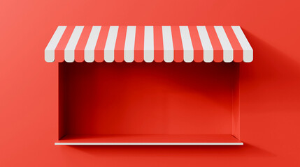 Striped tent and shelf 3d illustration on red wall. Striped awning with store on a red wall. Outdoor market tent and shelf. Roof canopy. Summer street store with shelf. Shopping concept. © HalukYakup