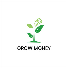 Grow Money Logo. Green Leaf and Tree Symbol for Finance, Investment, Banking, Eco Business, Profit Growth, Currency, Wealth, Market, Dollar, Revenue, Graph Icon, Vector Design for Company Branding