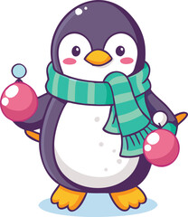 Naklejka premium A penguin wearing a scarf and mittens holding a snowflake, standing in a winter wonderland