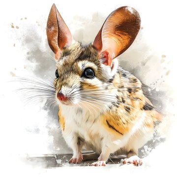A charming illustration depicts a desert jerboa rodent with large ears and expressive eyes against a watercolor background.