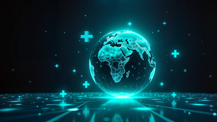 Fototapeta premium Holographic Earth with Medical Cross Icons - Glowing Digital Representation in Blue and Green for World Health Day, Healthcare Technology, and Medical Awareness Campaigns