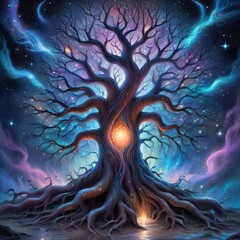 abstract painting with tree in dark background