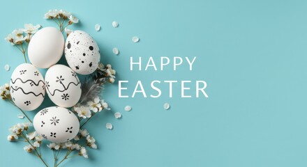 Easter eggs decorated with patterns on blue background with small white flowers.