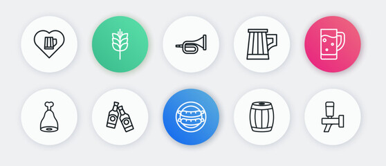 Set line Sausage, Glass of beer, Chicken leg, Wooden barrel, mug, Trumpet, Beer tap and bottle icon. Vector