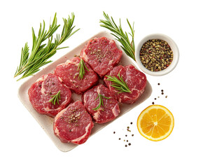 Grilling fresh steak cuts with herbs and lemon kitchen food bright atmosphere isolated on transparent background