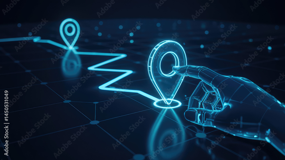 Poster the digital map journey: a futuristic digital depiction of a route plotted with glowing lines and po