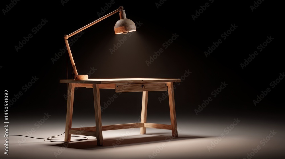 Poster minimalist desk lamp illuminating a workspace under a soft spotlight creating a deep focus and calm 