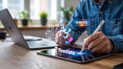 A person using a tablet with interactive design.