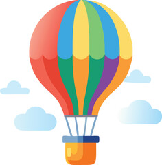 A giant hot air balloon with colorful stripes soaring over green hills under a sunny sky