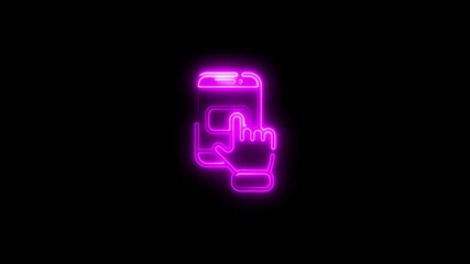 Glowing neon mobile phone touch interaction on black background digital technology