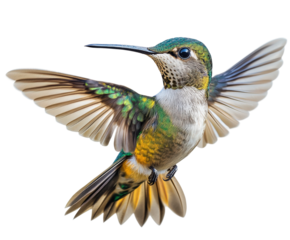 Hummingbird in flight natural habitat wildlife colorful environment view isolated on transparent background