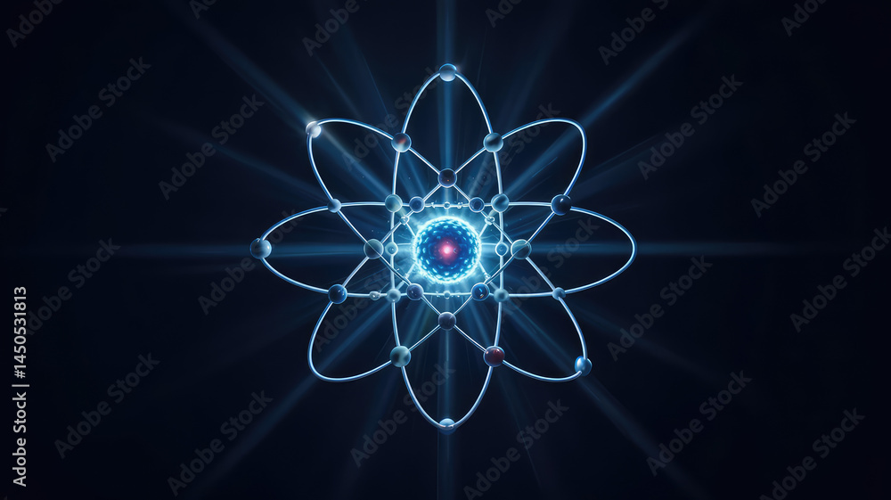 Poster atomic structure: a visually striking representation of an atom's structure, rendered in an electrif