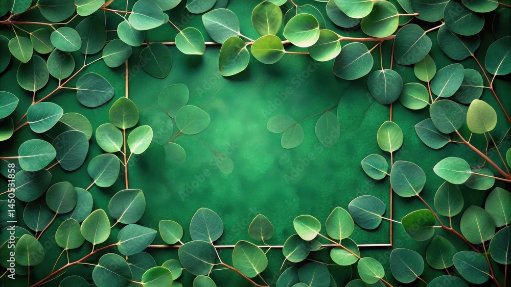Poster a delicate frame of verdant leaves, arranged symmetrically on a deep green backdrop, provides a blan