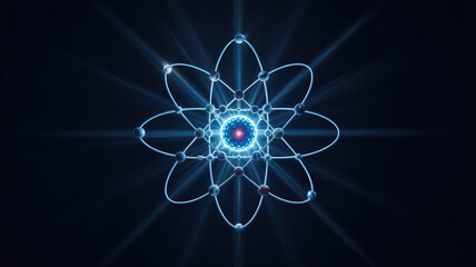 Atomic Structure: A visually striking representation of an atom's structure, rendered in an electrifying light, showcases the nucleus and orbiting particles with stunning detail and precision. 