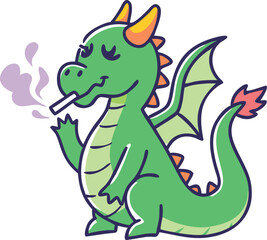 A friendly dragon blowing a puff of smoke with bright scales, sitting on a treasure chest