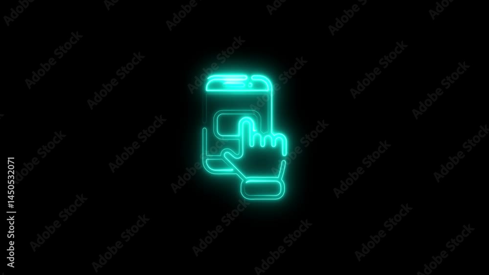 Poster animated neon smartphone interface with touchscreen interaction on black background