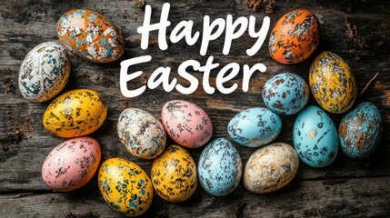 Easter eggs arranged with happy easter text on a wooden surface.