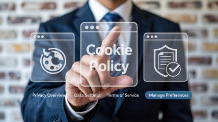 Businessperson interacting with digital cookie policy interface.