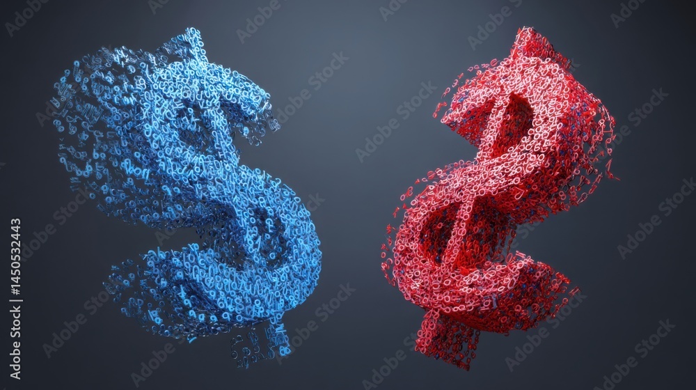 Aufkleber creative visualization of a dollar sign composed of small red and blue circles representing currency