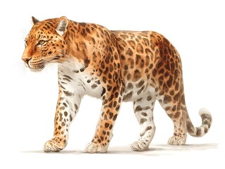 A majestic leopard with stunningly detailed fur roams gracefully across a pristine white background showcasing its powerful physique and wild beauty.