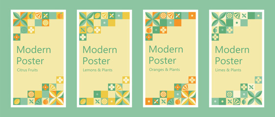 Set of modern abstract geometric posters with citruses, plants, leaves, abstract elements and inscription on light yellow background. Simple flat style. Minimalistic style. Vector illustration. 