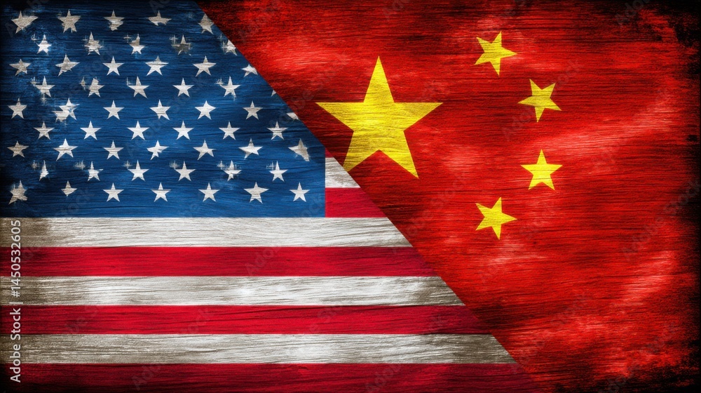Poster artistic interpretation of the american and chinese flags merging in a digital ledger symbolizing cu