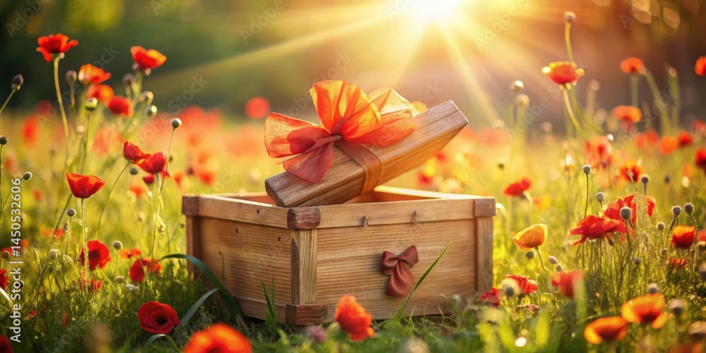 Poster a wooden gift box with a red ribbon sits open in a field of red poppies, bathed in the warm glow of 