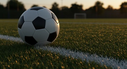 Fototapeta premium A soccer ball resting on the grass field near the white line with a goal in the background blur